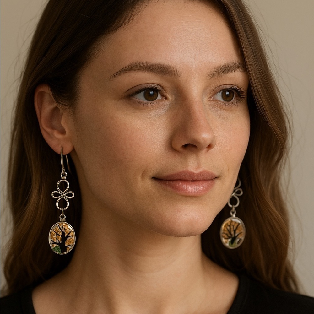 Handmade Autumn Tree Resin Earrings – Stainless Steel Hooks – Fall Nature NWT